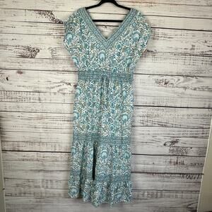 Womens Rachel Zoe Blue White V Neck Flowy Tiered Floral Maxi Dress Linen Boho L